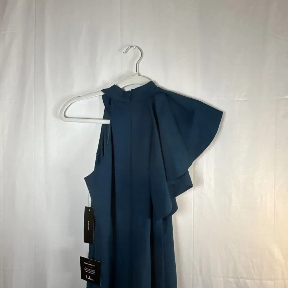 Lulus Margeaux Teal Cape Sleeveless Long Gown Size Small NWT - Picture 5 of 15